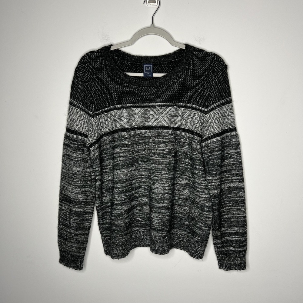 GAP Sweater Womens XL Black Gray Mixed Pattern Knit Crewneck Pullover Alpaca